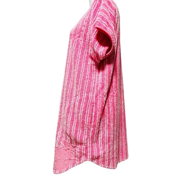 STAN HERMAN WOMEN’S TERRY CLOTH SHORT ROBE SIZE MEDIUM PINK WITH WHITE STRIPES - Picture 3 of 16